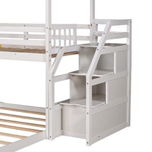 Harper & Bright Designs Twin Over Full House Bunk Bed with Stairs and Slide, Full-Length Guardrail, Wooden Floor Bunk Bed Frame for Kids Teens Girls Boys, Playhouse Design (White)