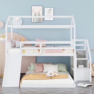 Harper & Bright Designs Twin Over Full House Bunk Bed with Stairs and Slide, Full-Length Guardrail, Wooden Floor Bunk Bed Frame for Kids Teens Girls Boys, Playhouse Design (White)