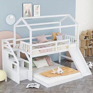 Harper & Bright Designs Twin Over Full House Bunk Bed with Stairs and Slide, Full-Length Guardrail, Wooden Floor Bunk Bed Frame for Kids Teens Girls Boys, Playhouse Design (White)