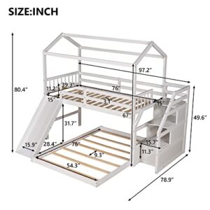 Harper & Bright Designs Twin Over Full House Bunk Bed with Stairs and Slide, Full-Length Guardrail, Wooden Floor Bunk Bed Frame for Kids Teens Girls Boys, Playhouse Design (White)