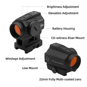 Foxarmy Reflex Red Dot Sight with Shake Awake，2MOA 1X22 Red Dot Optic Rifle Scope， Low Mount and Co-Witness Riser Mount