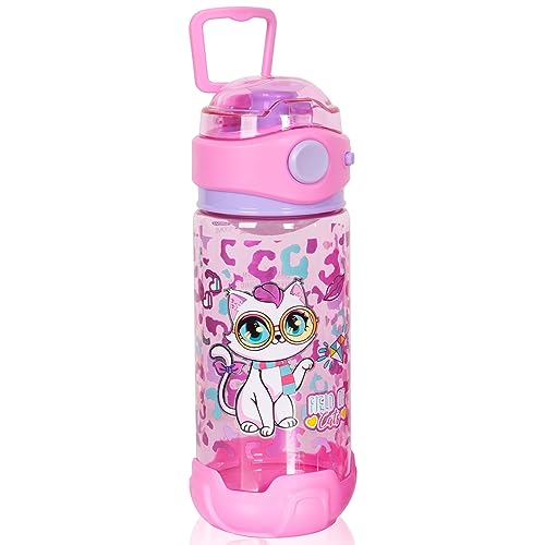 YOYTOO Kids Water Bottle for School Kids Girls, 20oz BPA Free Child Drinking Water Bottle One-Click-Open Leak-Proof Locking Flip Lid for School Sport Travel (Cat-20oz)