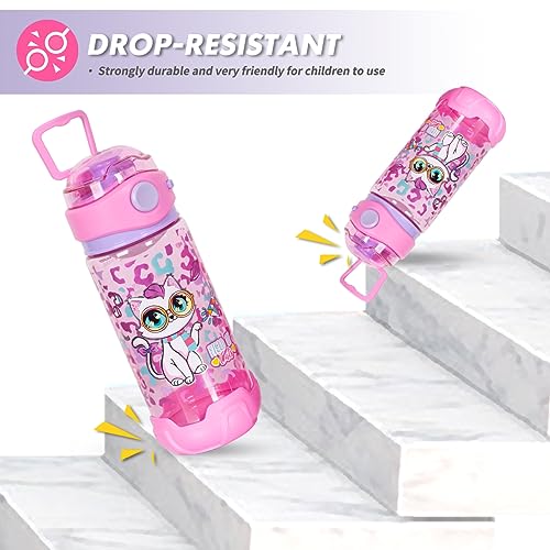 YOYTOO Kids Water Bottle for School Kids Girls, 20oz BPA Free Child Drinking Water Bottle One-Click-Open Leak-Proof Locking Flip Lid for School Sport Travel (Cat-20oz)