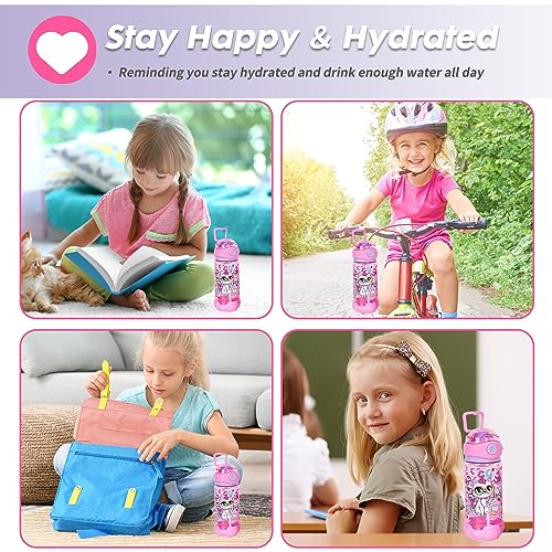 YOYTOO Kids Water Bottle for School Kids Girls, 20oz BPA Free Child Drinking Water Bottle One-Click-Open Leak-Proof Locking Flip Lid for School Sport Travel (Cat-20oz)