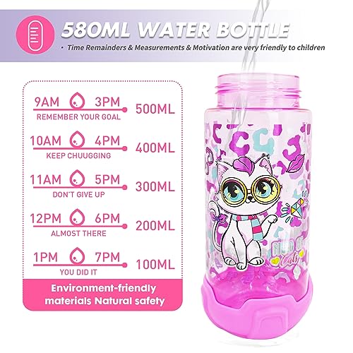 YOYTOO Kids Water Bottle for School Kids Girls, 20oz BPA Free Child Drinking Water Bottle One-Click-Open Leak-Proof Locking Flip Lid for School Sport Travel (Cat-20oz)