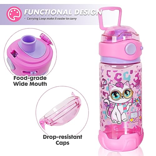 YOYTOO Kids Water Bottle for School Kids Girls, 20oz BPA Free Child Drinking Water Bottle One-Click-Open Leak-Proof Locking Flip Lid for School Sport Travel (Cat-20oz)