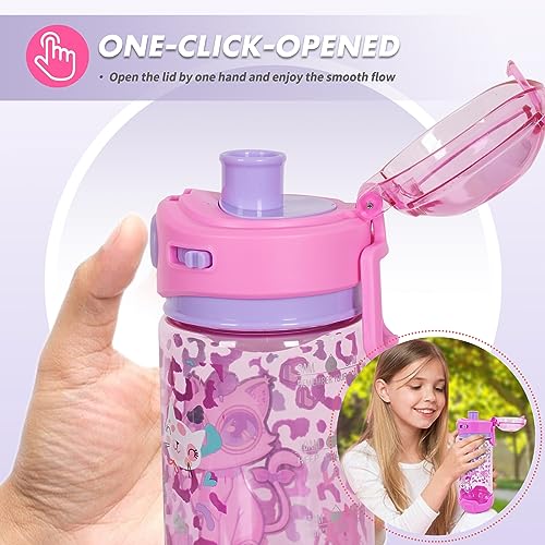 YOYTOO Kids Water Bottle for School Kids Girls, 20oz BPA Free Child Drinking Water Bottle One-Click-Open Leak-Proof Locking Flip Lid for School Sport Travel (Cat-20oz)