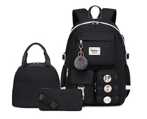 wadirum women casual backpack set girl school bookbag set cute laptop ruaksack black