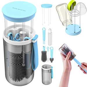 Baby Bottle Brush&Travel Baby Bottle Drying Rack-Portable Baby Bottle Cleaning Silicone Brush, Bottle Cleaner Brush Kit,Toddler Kids Water Bottle Brush Set,New Mom Gifts for Women After Birth (Blue)