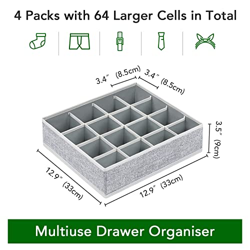 homsorout Sock Organizer for Drawer, Large Underwear Drawer Organizer with 64-Cell, Foldable Dresser Drawer Organizers Clothes, Closet Organizers for Socks, Belts, Panties, Ties, 4 Pack, Blended