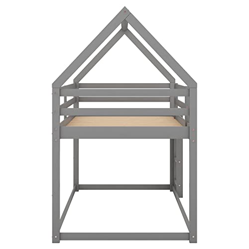 Twin Over Twin House Bunk Bed with Safety Guardrail and Ladder, Wood Twin Loft Bed Frame with House Roof for Kids Teens Girls Boys,Grey