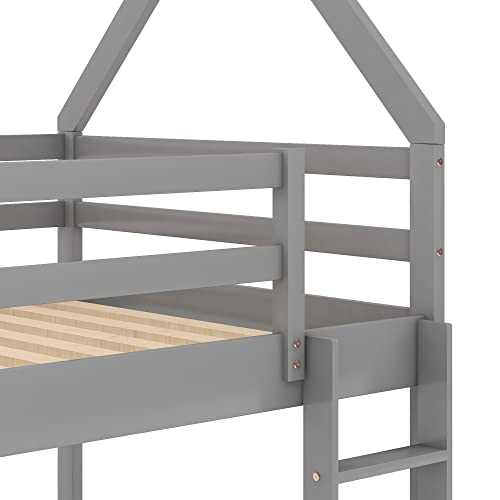 Twin Over Twin House Bunk Bed with Safety Guardrail and Ladder, Wood Twin Loft Bed Frame with House Roof for Kids Teens Girls Boys,Grey