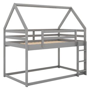 Twin Over Twin House Bunk Bed with Safety Guardrail and Ladder, Wood Twin Loft Bed Frame with House Roof for Kids Teens Girls Boys,Grey