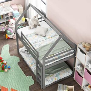 Twin Over Twin House Bunk Bed with Safety Guardrail and Ladder, Wood Twin Loft Bed Frame with House Roof for Kids Teens Girls Boys,Grey