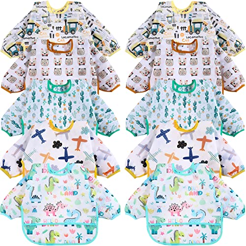 Yahenda 10 Packs Long Sleeve Baby Bibs Waterproof Sleeve Bib Baby Smock for Eating Soft Toddler Bib Baby Feeding Bib for 6-24 Month((Cute Style))