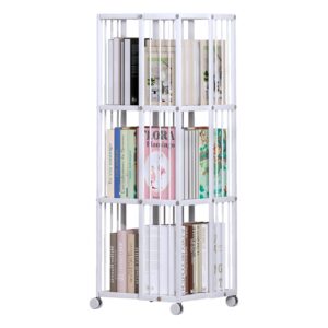 huhote rotating bookcase white 3 tiers metal large capacity bookshelf, 360°cubic for small space with storage and creative multi-layer shelves,magazine books for bedroom living room study office