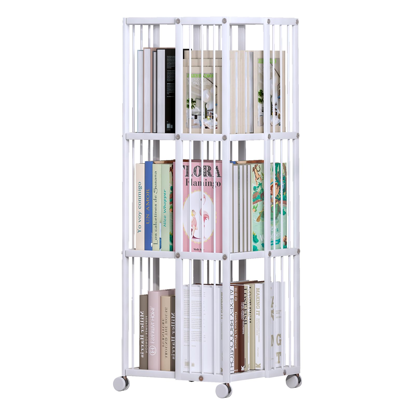 Huhote Rotating Bookcase White 3 Tiers Metal Large Capacity Bookshelf, 360°Cubic for Small Space with Storage and Creative Multi-Layer Shelves,Magazine Books for Bedroom Living Room Study Office