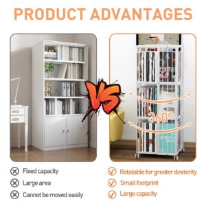 Huhote Rotating Bookcase White 3 Tiers Metal Large Capacity Bookshelf, 360°Cubic for Small Space with Storage and Creative Multi-Layer Shelves,Magazine Books for Bedroom Living Room Study Office