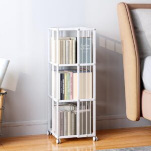 Huhote Rotating Bookcase White 3 Tiers Metal Large Capacity Bookshelf, 360°Cubic for Small Space with Storage and Creative Multi-Layer Shelves,Magazine Books for Bedroom Living Room Study Office