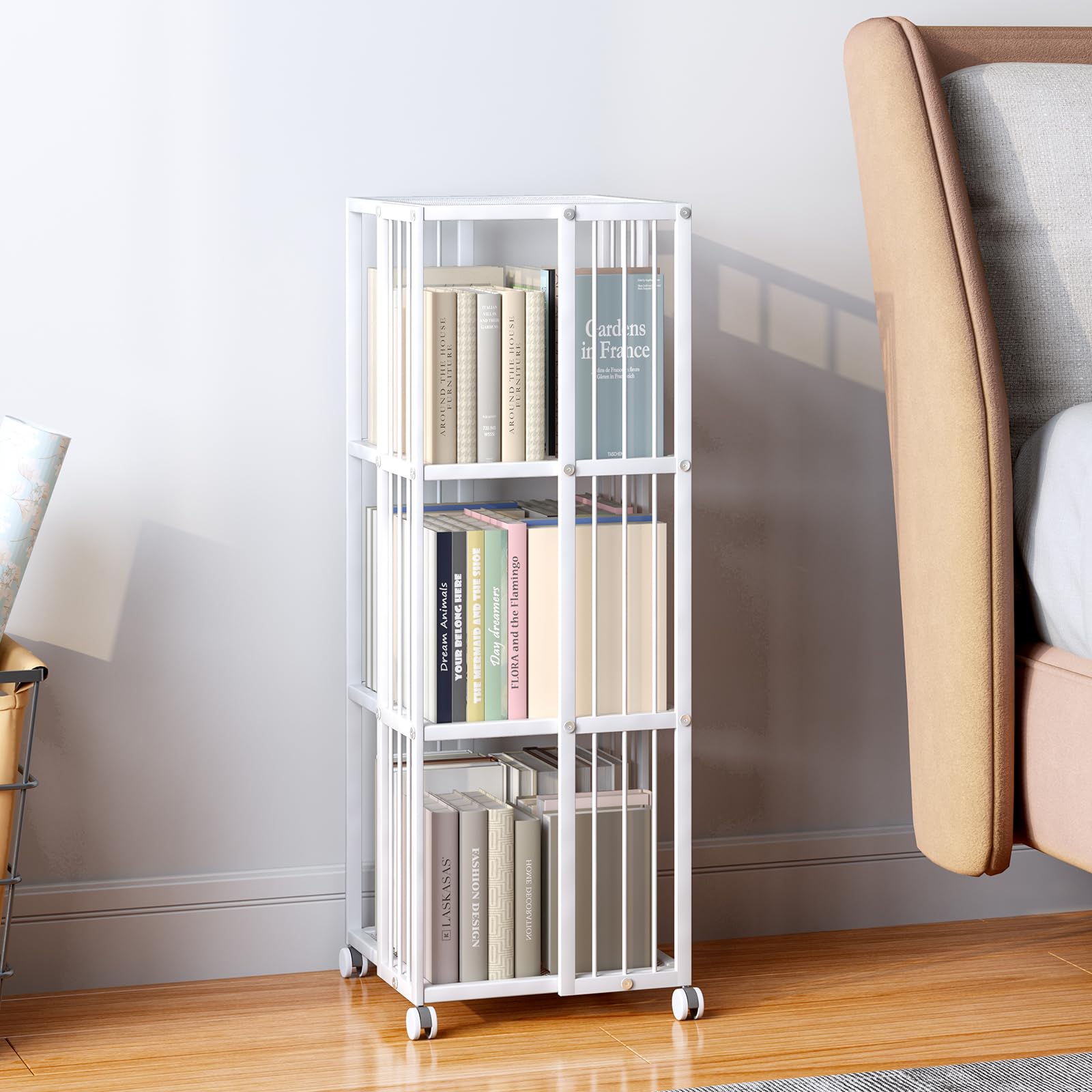 Huhote Rotating Bookcase White 3 Tiers Metal Large Capacity Bookshelf, 360°Cubic for Small Space with Storage and Creative Multi-Layer Shelves,Magazine Books for Bedroom Living Room Study Office