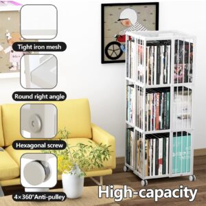 Huhote Rotating Bookcase White 3 Tiers Metal Large Capacity Bookshelf, 360°Cubic for Small Space with Storage and Creative Multi-Layer Shelves,Magazine Books for Bedroom Living Room Study Office