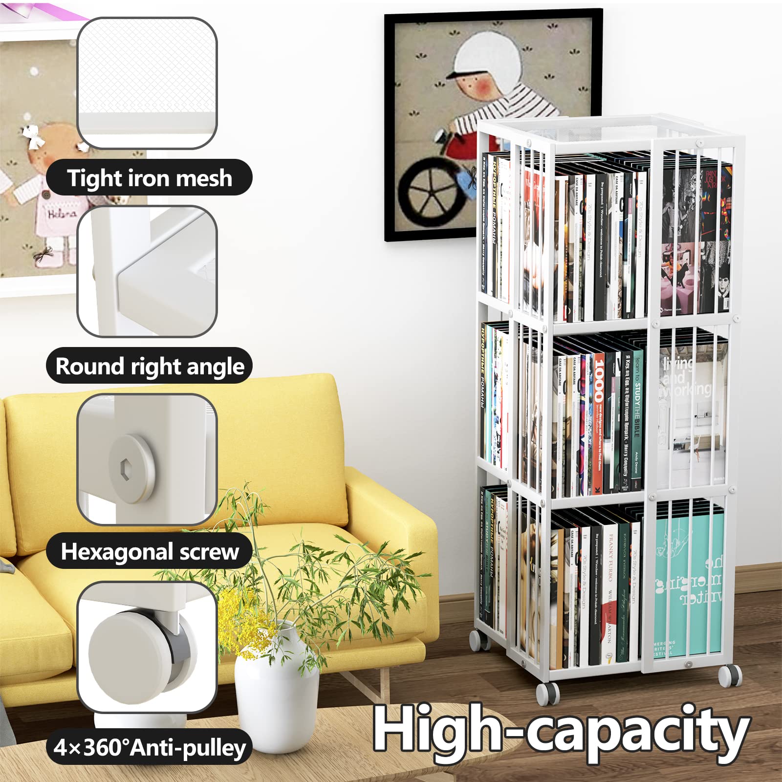 Huhote Rotating Bookcase White 3 Tiers Metal Large Capacity Bookshelf, 360°Cubic for Small Space with Storage and Creative Multi-Layer Shelves,Magazine Books for Bedroom Living Room Study Office