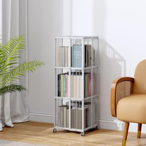 Huhote Rotating Bookcase White 3 Tiers Metal Large Capacity Bookshelf, 360°Cubic for Small Space with Storage and Creative Multi-Layer Shelves,Magazine Books for Bedroom Living Room Study Office