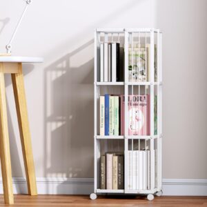 Huhote Rotating Bookcase White 3 Tiers Metal Large Capacity Bookshelf, 360°Cubic for Small Space with Storage and Creative Multi-Layer Shelves,Magazine Books for Bedroom Living Room Study Office