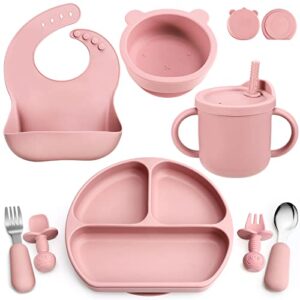 silicone baby feeding set, baby led weaning supplies with suction bowl divided plate, toddler self feeding dish set with spoons forks sippy cup adjustable bib, eating utensils for 6+ months(pink)