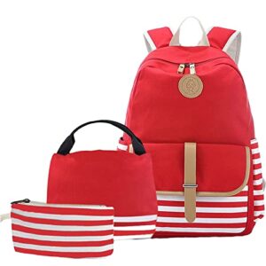 joyfulife school backpacks for teen girls lightweight canvas backpack stripe backpack kids bookbags set 3 in 1 (red)
