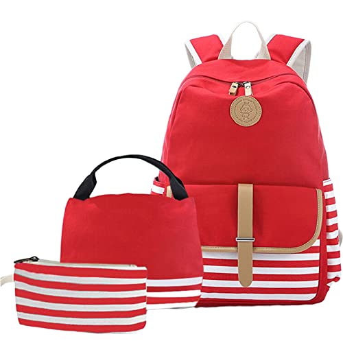 Joyfulife School Backpacks for Teen Girls Lightweight Canvas Backpack Stripe Backpack Kids Bookbags Set 3 in 1 (Red)