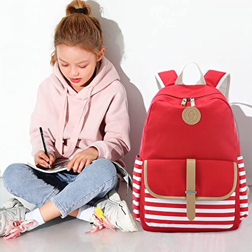 Joyfulife School Backpacks for Teen Girls Lightweight Canvas Backpack Stripe Backpack Kids Bookbags Set 3 in 1 (Red)