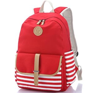 Joyfulife School Backpacks for Teen Girls Lightweight Canvas Backpack Stripe Backpack Kids Bookbags Set 3 in 1 (Red)