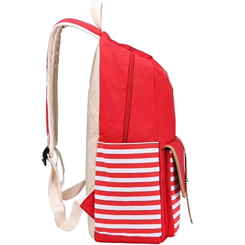 Joyfulife School Backpacks for Teen Girls Lightweight Canvas Backpack Stripe Backpack Kids Bookbags Set 3 in 1 (Red)