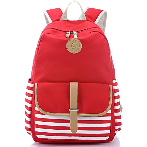 Joyfulife School Backpacks for Teen Girls Lightweight Canvas Backpack Stripe Backpack Kids Bookbags Set 3 in 1 (Red)