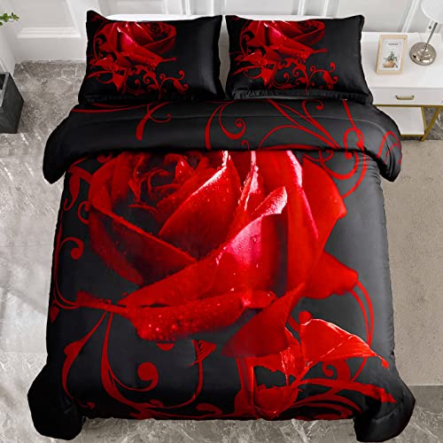 Red Duvet Cover Queen Size Reversible Rose Bedding Duvet Cover Set with Zipper Closure 3 Pieces Ultra Soft Microfiber Queen Duvet Cover, 1 Duvet Cover 90x90 inches and 2 Pillow Shams (No Comforter)