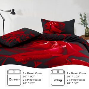 Red Duvet Cover Queen Size Reversible Rose Bedding Duvet Cover Set with Zipper Closure 3 Pieces Ultra Soft Microfiber Queen Duvet Cover, 1 Duvet Cover 90x90 inches and 2 Pillow Shams (No Comforter)