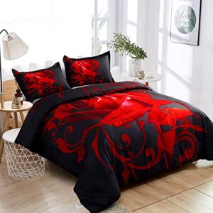 Red Duvet Cover Queen Size Reversible Rose Bedding Duvet Cover Set with Zipper Closure 3 Pieces Ultra Soft Microfiber Queen Duvet Cover, 1 Duvet Cover 90x90 inches and 2 Pillow Shams (No Comforter)