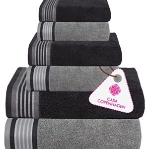 CASA COPENHAGEN Designed in Denmark 550 GSM 2 Large Bath Towels 2 Large Hand Towels 2 Washcloths, Super Soft Egyptian Cotton 6 Towels Set for Bathroom, Kitchen & Shower - Granite Grey & Mirage Grey