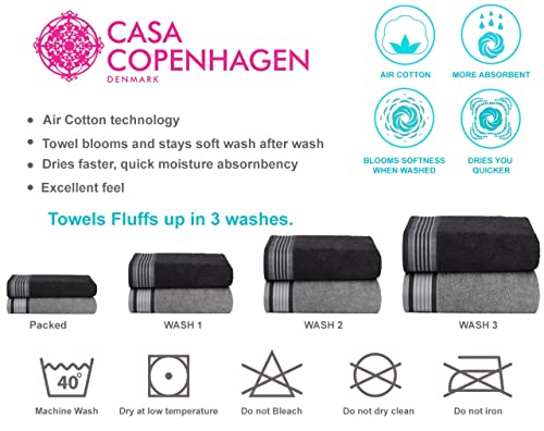 CASA COPENHAGEN Designed in Denmark 550 GSM 2 Large Bath Towels 2 Large Hand Towels 2 Washcloths, Super Soft Egyptian Cotton 6 Towels Set for Bathroom, Kitchen & Shower - Granite Grey & Mirage Grey