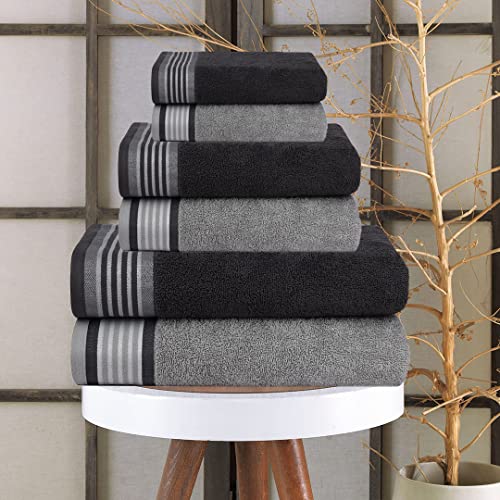 CASA COPENHAGEN Designed in Denmark 550 GSM 2 Large Bath Towels 2 Large Hand Towels 2 Washcloths, Super Soft Egyptian Cotton 6 Towels Set for Bathroom, Kitchen & Shower - Granite Grey & Mirage Grey