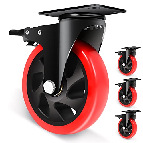 Nefish Swivel Caster Wheel for Cart, 5 Inch Industrial Casters Set of 4 - Heavy Duty Top Plate Casters with Brake 2200 Lbs, 360 Degree Polyurethane Wheels for Cart, Trolleys, Furniture, Equipment