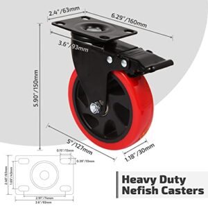 Nefish Swivel Caster Wheel for Cart, 5 Inch Industrial Casters Set of 4 - Heavy Duty Top Plate Casters with Brake 2200 Lbs, 360 Degree Polyurethane Wheels for Cart, Trolleys, Furniture, Equipment