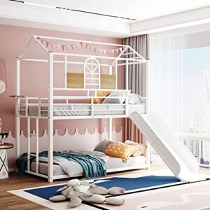 lostcat house bunk bed with slide and slide,twin over twin bunk bed with safety guardrails and roof design for kids, teens, girls, boys,no box spring required,white