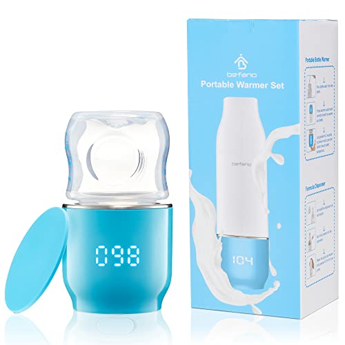 Travel Bottle Warmer, Befano Portable Bottle Warmer for Breastmilk or Formula, Rechargeable Milk Warmer On The Go with Formula Dispenser, Quick Warm and Precise Temperature Control, BPA Free - Blue