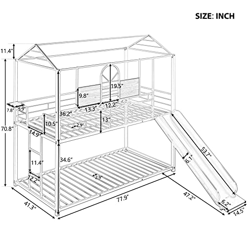 Lostcat House Bunk Bed with Slide and Slide,Twin Over Twin Bunk Bed with Safety Guardrails and Roof Design for Kids, Teens, Girls, Boys,No Box Spring Required,White