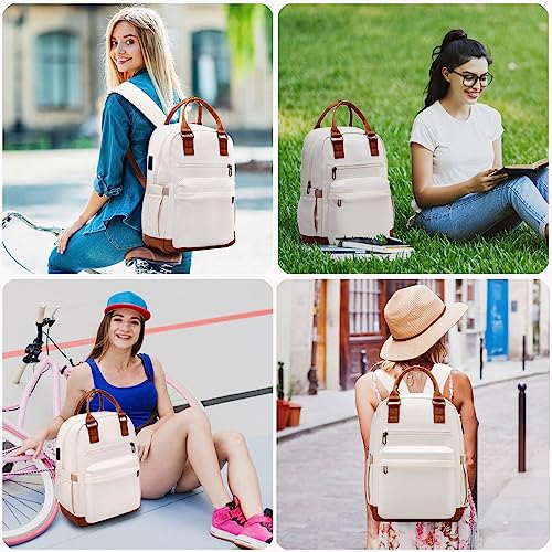 LONG VACATION Women's 15.6 Inch Laptop Bag, Fashion Laptop Backpack with USB Port, Casual Daypacks for College,Work (BEIGE & BROWN, 15.6 inch)