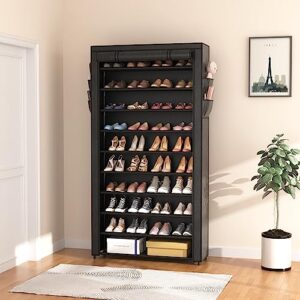 ROJASOP 10 Tier Shoe Rack with Covers,Large Capacity Stackable Tall Shoe Shelf Storage to 50-55 Pairs Shoes and Boots Sturdy Metal Free Standing Shoe Rack Organizer for Closet Entryway Garage Bedroom