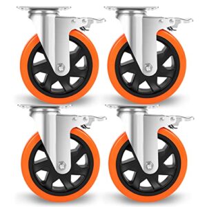 w b d weibida 6 inch caster wheels with dual locking, casters set of 4 heavy duty of 2400lbs, premium polyurethane no noise wheels for cart, workbench and furniture