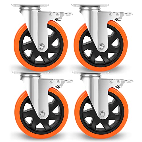 W B D WEIBIDA 6 inch Caster Wheels with Dual Locking, Casters Set of 4 Heavy Duty of 2400lbs, Premium Polyurethane No Noise Wheels for Cart, Workbench and Furniture